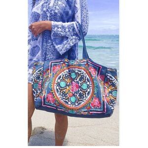 Boho Embroidered Navy Tote Bag with Colorful Medallion
